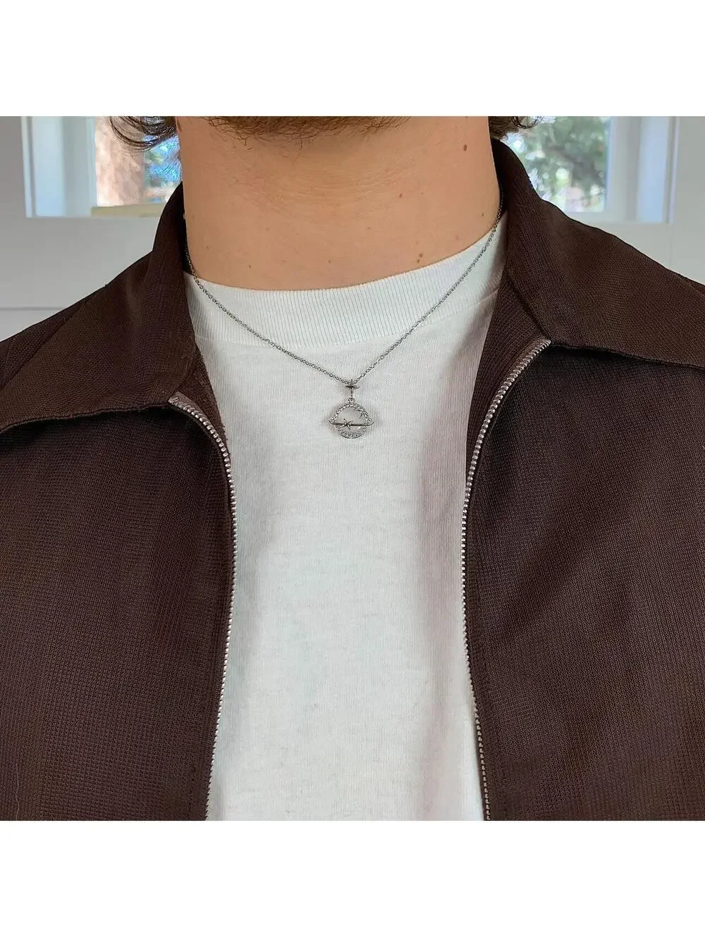 Y2k Cyber 2000s silver opal planet pendant opium necklace. Cool design. Chain is